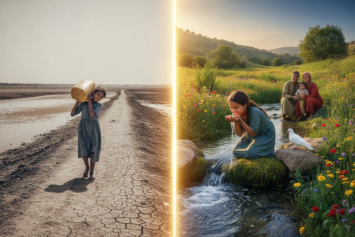 A child collecting water and the Bible's promise of living water