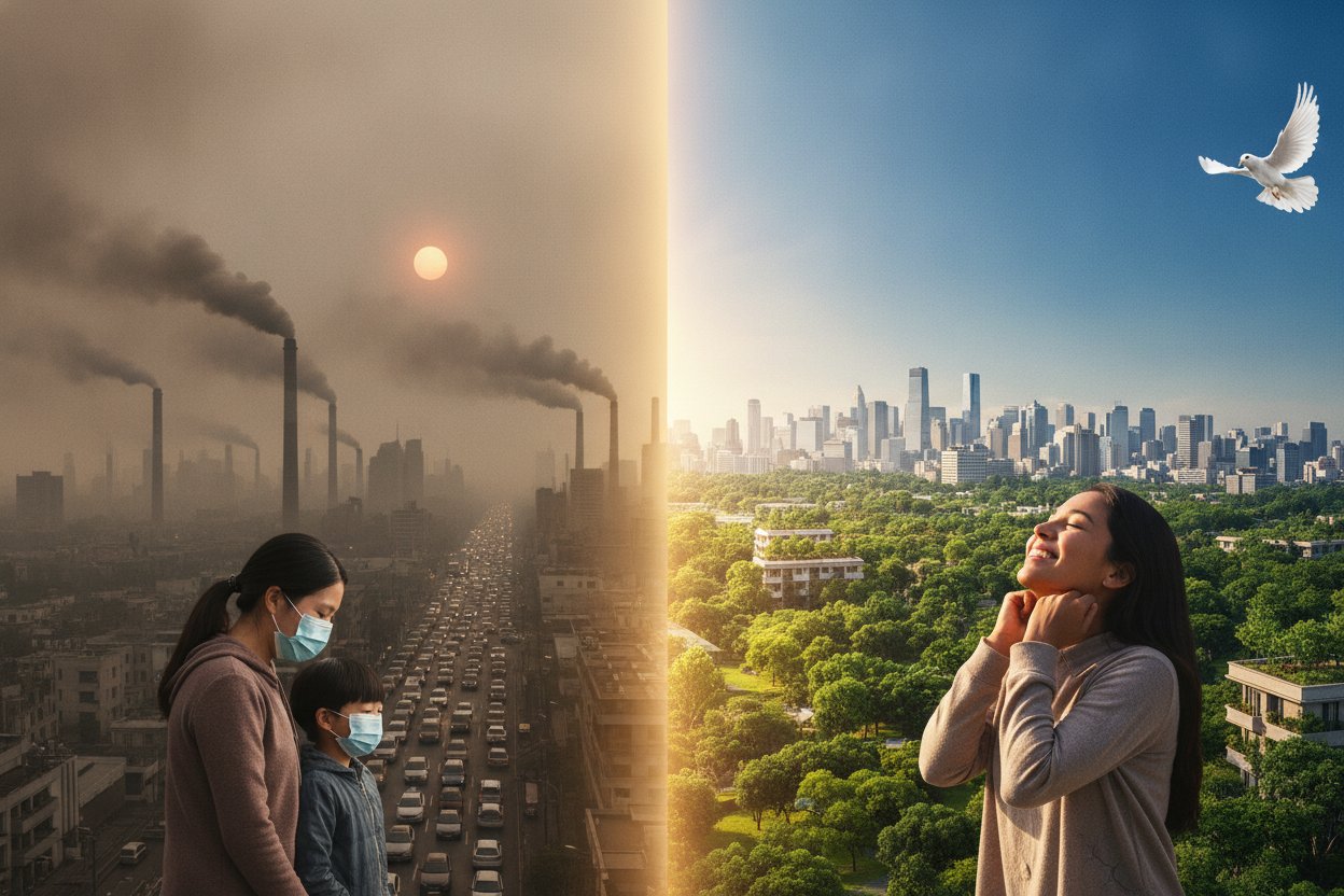 A smog-choked city contrasted with clean air over a restored green earth