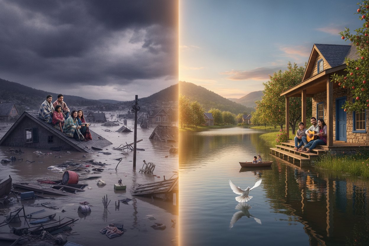 A community devastated by flood and storm contrasted with a calm, secure and flourishing landscape
