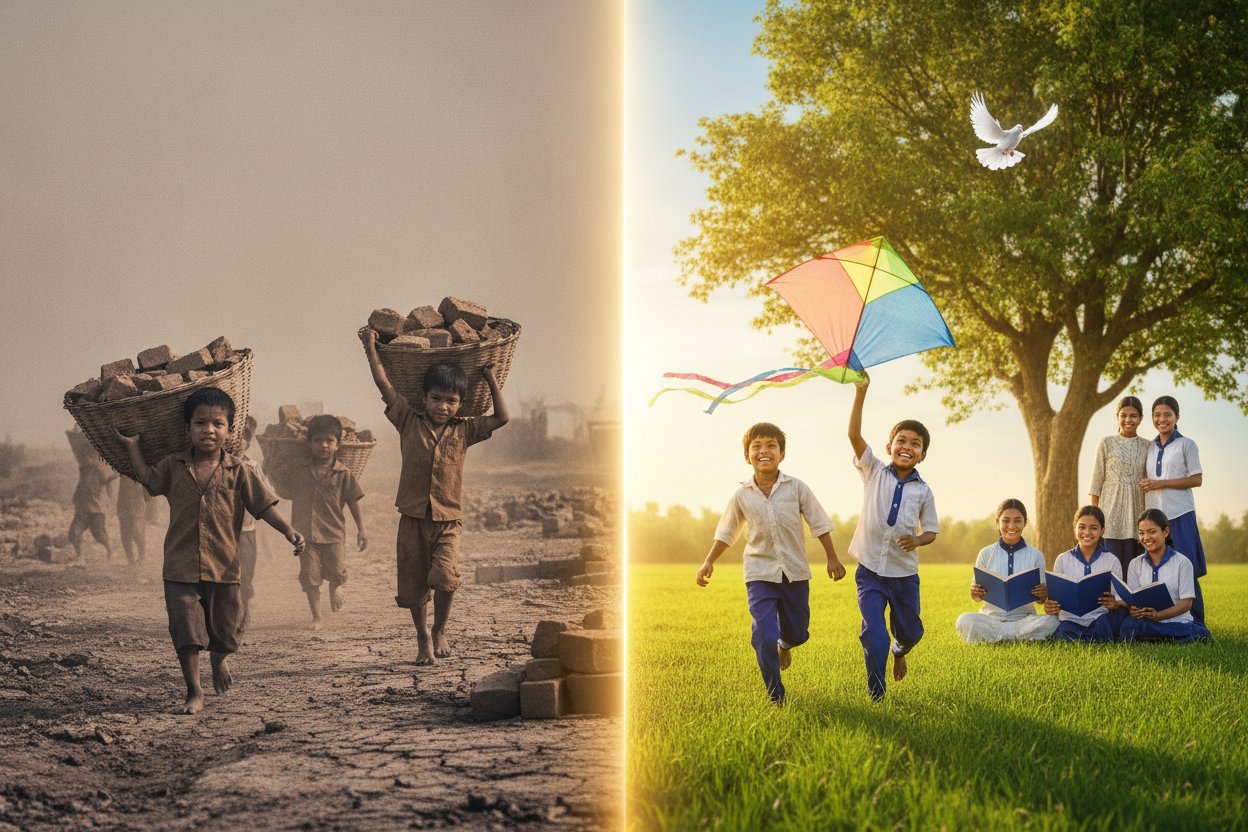 Children laboring in harsh conditions contrasted with children playing freely and safely