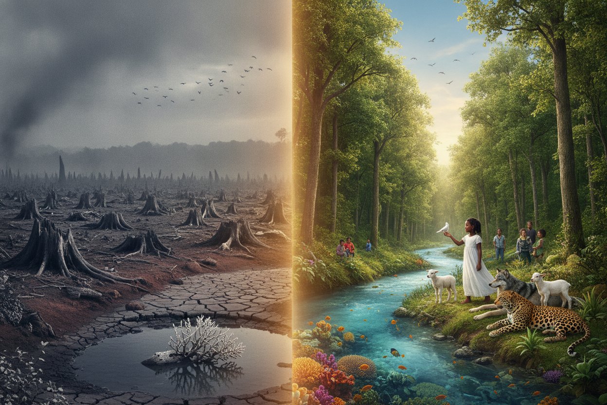 Barren, degraded habitat contrasted with a thriving earth full of wildlife living in harmony with people