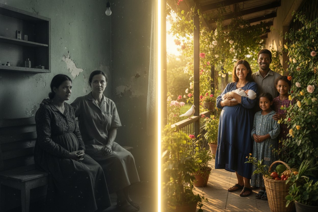 A mother in an under-equipped clinic contrasted with a healthy, joyful mother and newborn in a peaceful home