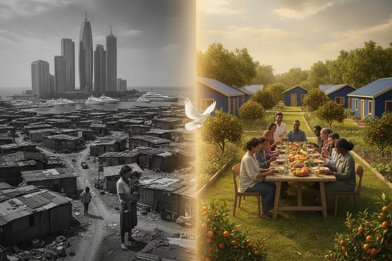 Luxury towers beside sprawling poverty contrasted with a fair and prosperous community for all