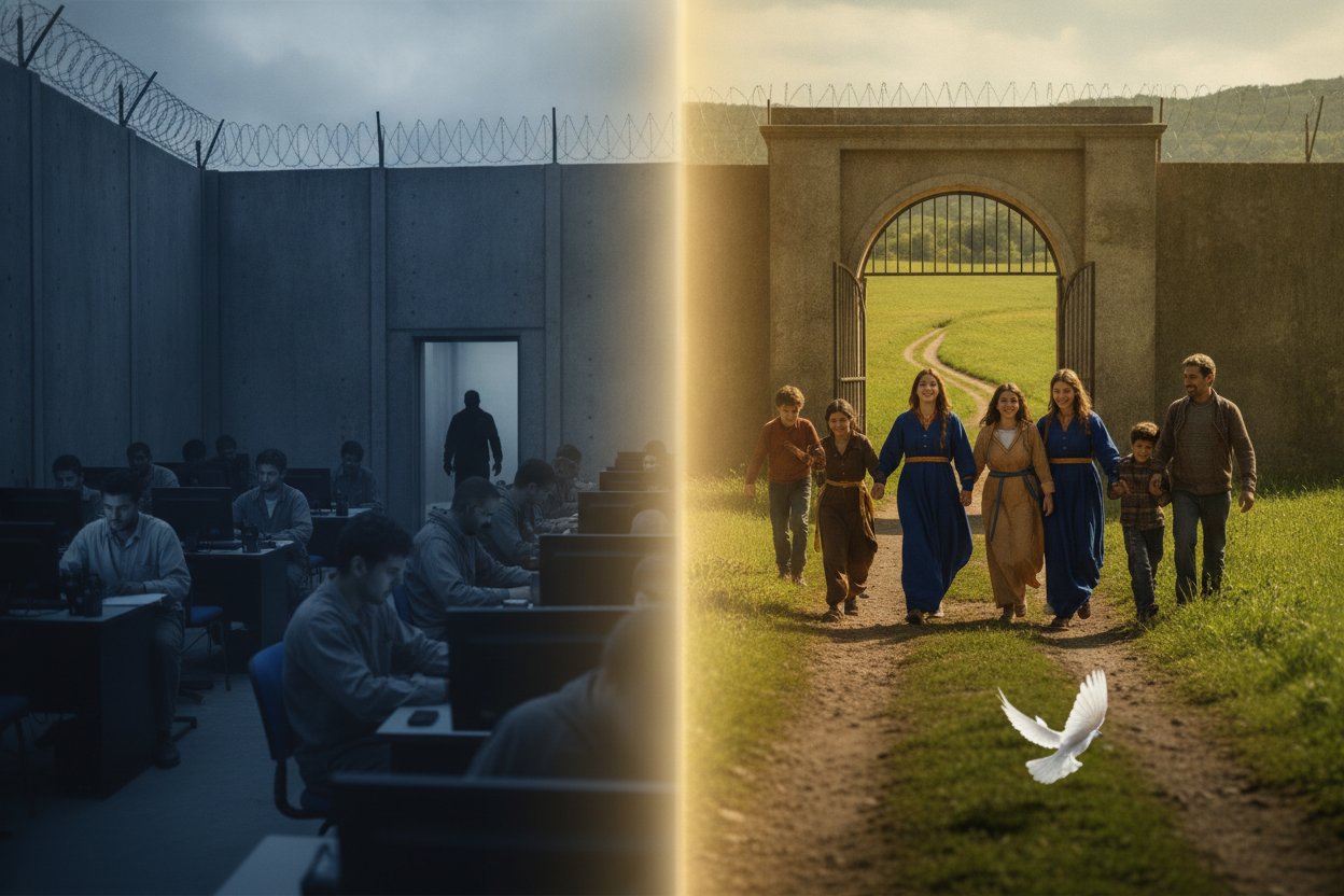 Captive workers behind barbed wire at computer screens contrasted with free people working joyfully in the sunlight