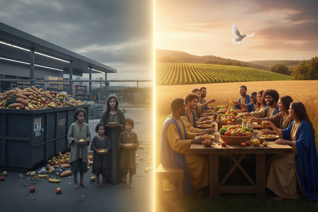 Overflowing food waste beside hungry families contrasted with a joyful shared feast for all