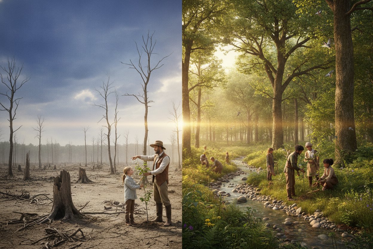 A threatened, damaged forest with fallen trees contrasted with a healthy green landscape of flourishing trees and people enjoying its fruits