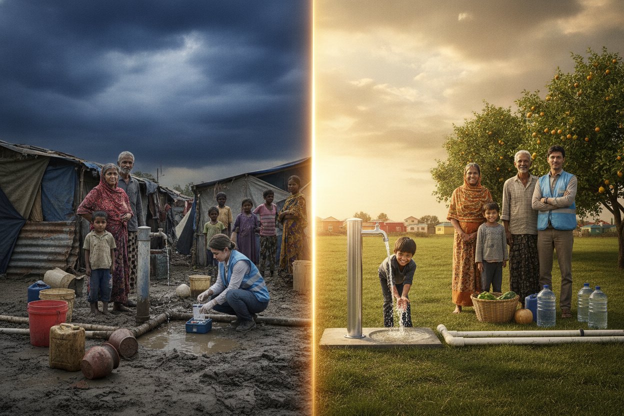 A family collecting unsafe water near damaged sanitation pipes contrasted with a clean, peaceful community with fresh water and healthy families